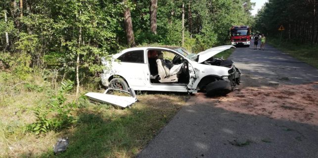 Pijany 17-latek "za kółkiem" i 13-latek w roli pasażera. Opel roztrzaskał się o drzewo, obaj trafili do szpitala w Bełchatowie  - Zdjęcie główne