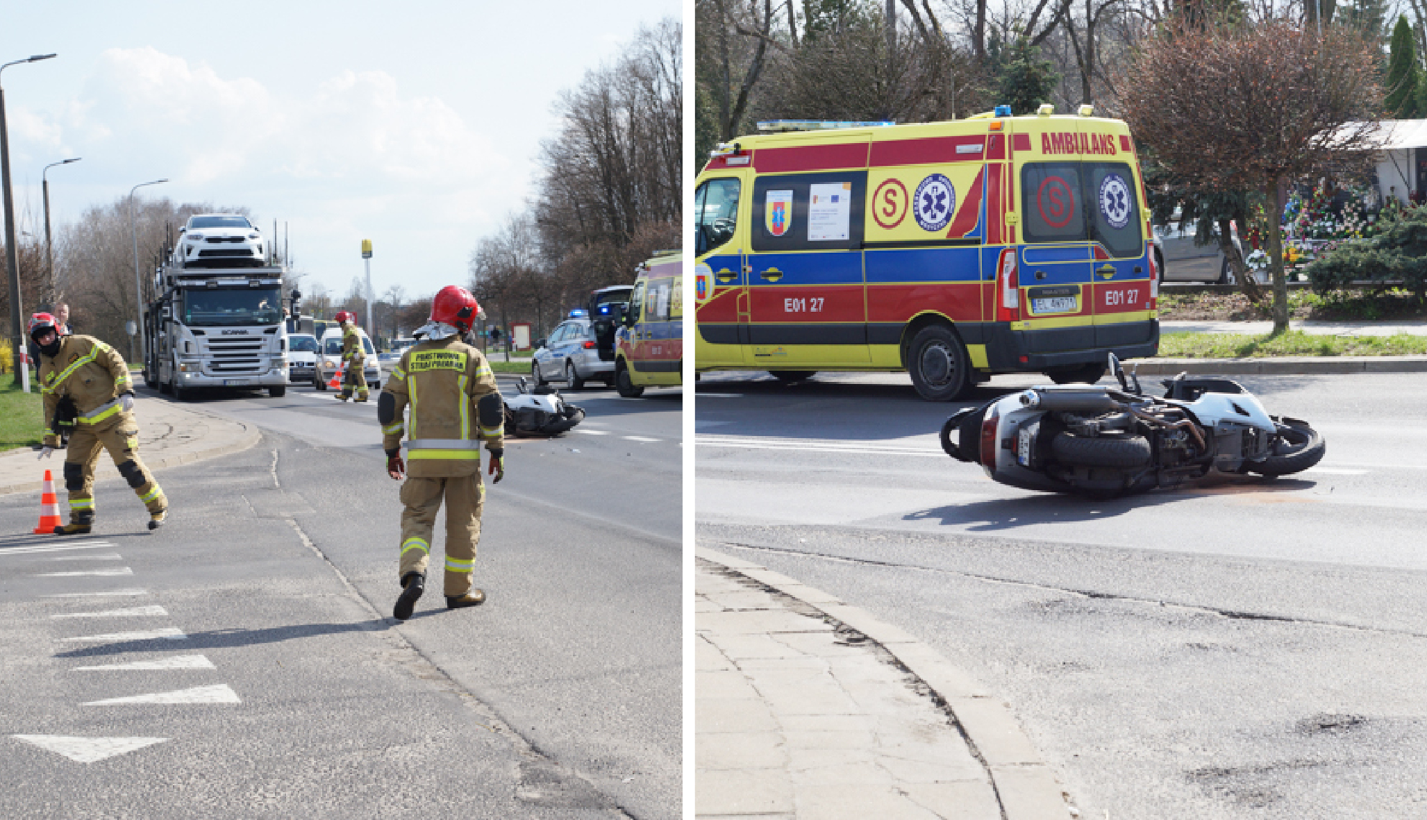 Wypadek na Alei Włókniarzy - zderzył się samochód z motocyklem. Dwie osoby trafiły do szpitala [FOTO]  - Zdjęcie główne