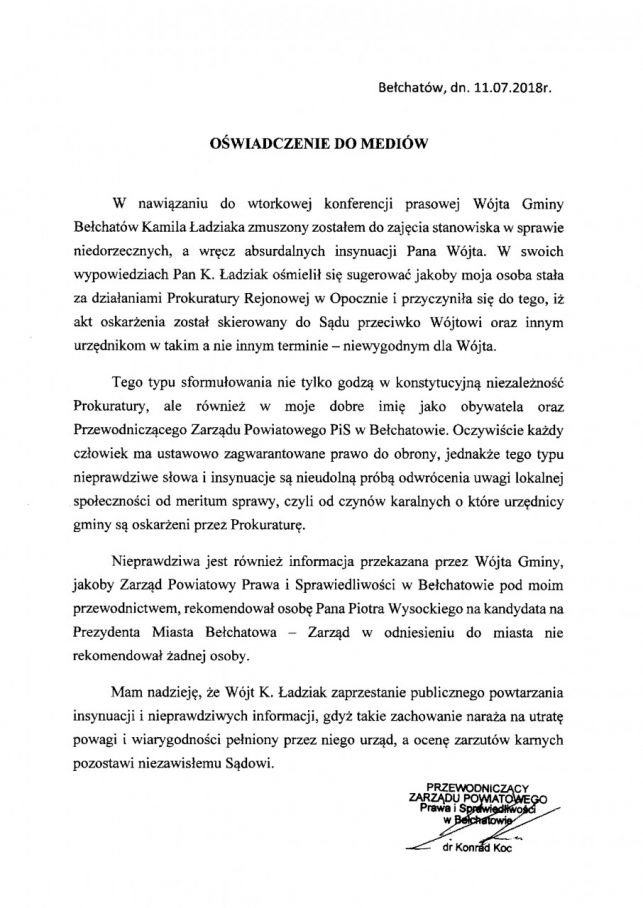 Echa konferencji w sprawie zarzutów prokuratorskich wobec wójta Ładziaka. Konrad Koc wydał oświadczenie - Zdjęcie główne