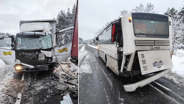 Zderzyły się dwie ciężarówki i autobus z pracownikami elektrowni [FOTO] - Zdjęcie główne