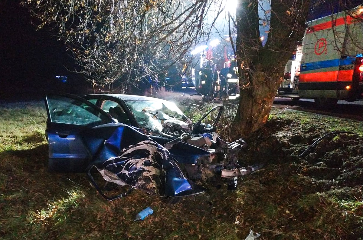 Audi rozbiło się na drzewie koło Ruśca. Strażacy musieli rozcinać auto, kierowca trafił do szpitala [FOTO] - Zdjęcie główne