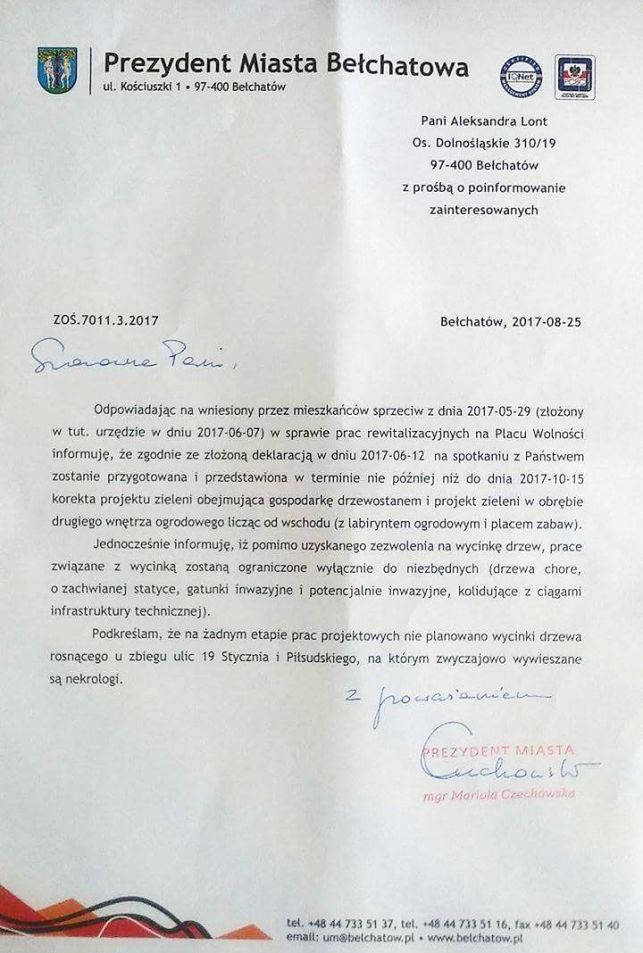 Prezydent Bełchatowa odpowiada obrońcom drzew na pl. Wolności. Czy treść pisma zadowala protestujących? - Zdjęcie główne