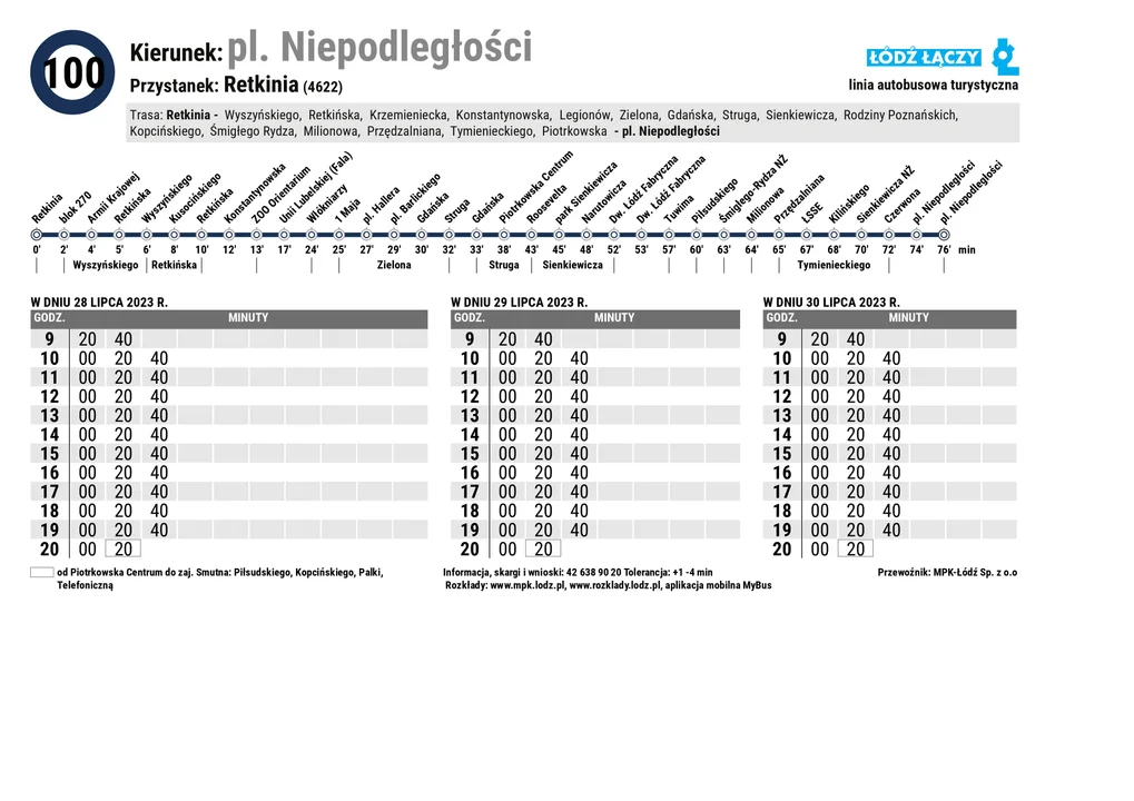 Specjalny rozkład jazdy Łódzkich Linii Turystycznych z okazji 600. urodzin Łodzi