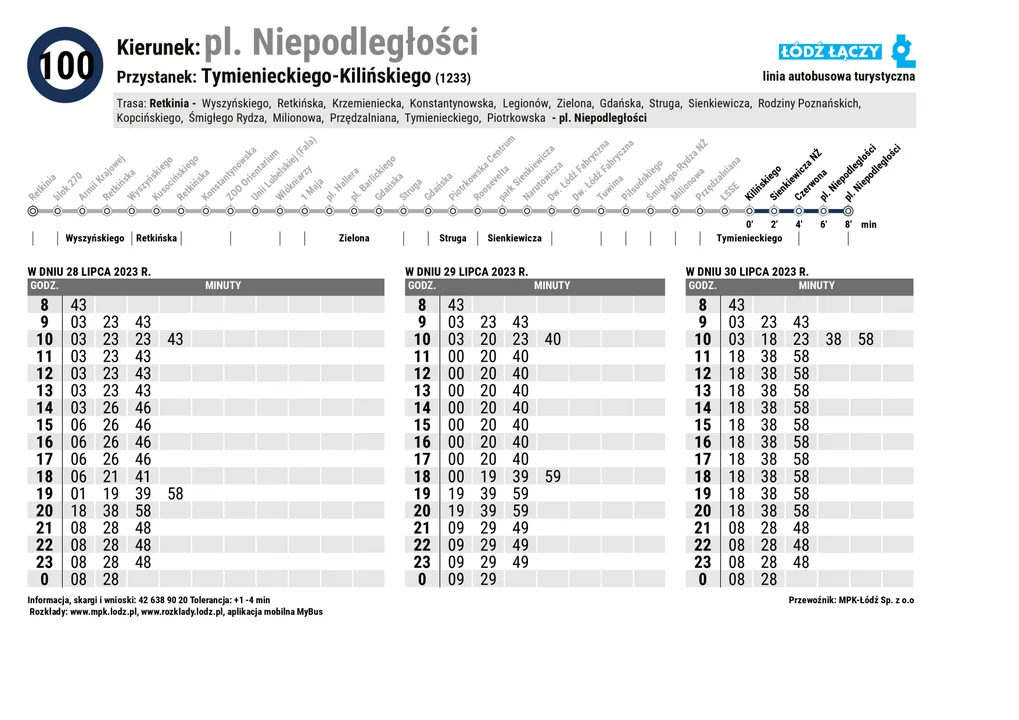 Specjalny rozkład jazdy Łódzkich Linii Turystycznych z okazji 600. urodzin Łodzi