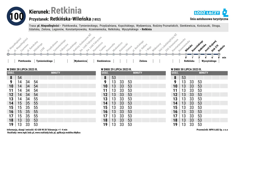 Specjalny rozkład jazdy Łódzkich Linii Turystycznych z okazji 600. urodzin Łodzi