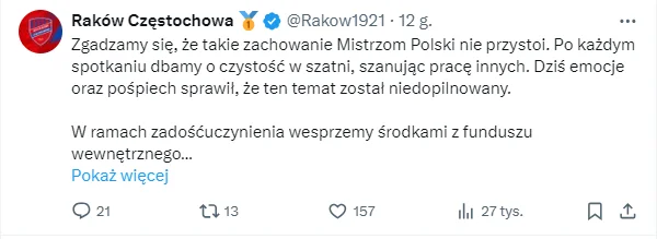 Brudna szatnia Rakowa Częstochowy po meczu z ŁKS Łódź