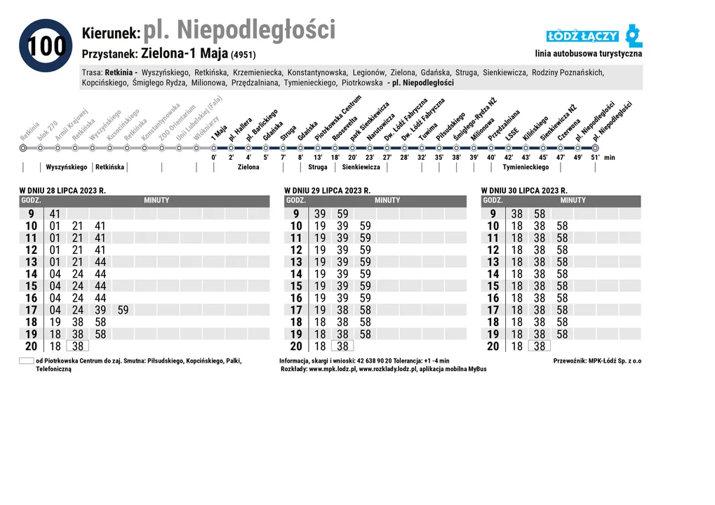 Specjalny rozkład jazdy Łódzkich Linii Turystycznych z okazji 600. urodzin Łodzi