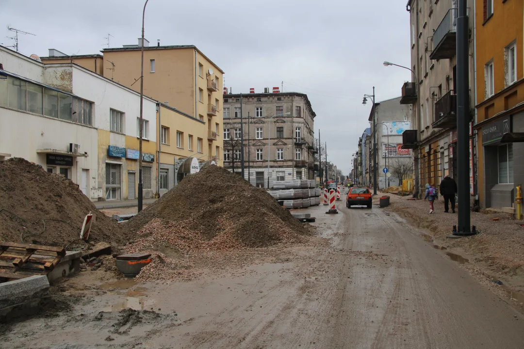 Przebudowa ulicy Przybyszewskiego w Łodzi - stan na 6 lutego 2024 r.