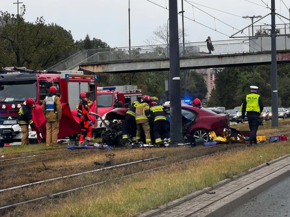 Wypadek na Mickiewicza w Łodzi. Samochód wypadł z jezdni [AKTUALIZACJA] - Zdjęcie główne