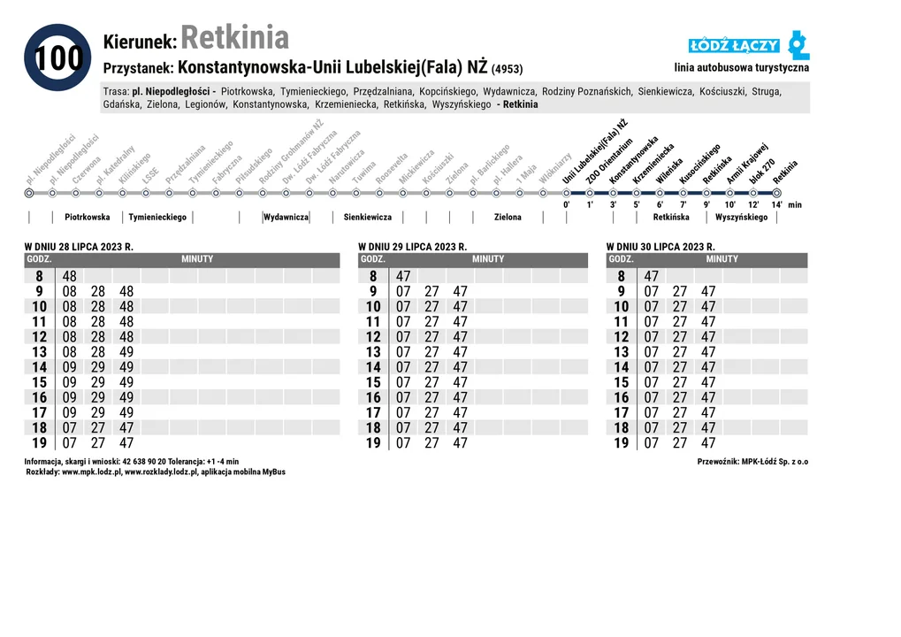 Specjalny rozkład jazdy Łódzkich Linii Turystycznych z okazji 600. urodzin Łodzi