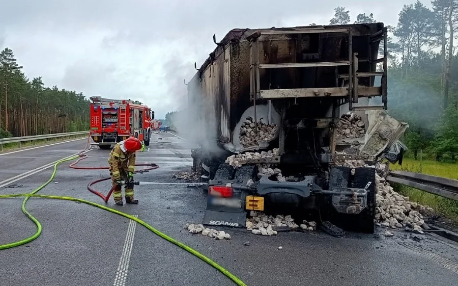 Śmiertelny wypadek na obwodnicy Bełchatowa. Ciężarówka stanęła w płomieniach [FOTO] - Zdjęcie główne