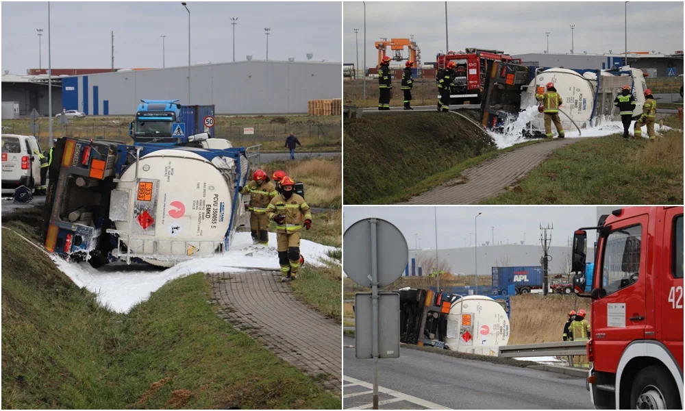 Wypadek na kutnowskiej strefie. Ciężarówka z cysterną w rowie, doszło do wycieku groźnej substancji [FOTO] - Zdjęcie główne