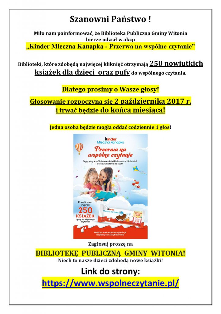 Biblioteka Publiczna Gminy Witonia prosi o głosy w ramach akcji „Kinder Mleczna Kanapka – Przerwa na wspólne czytanie” - Zdjęcie główne