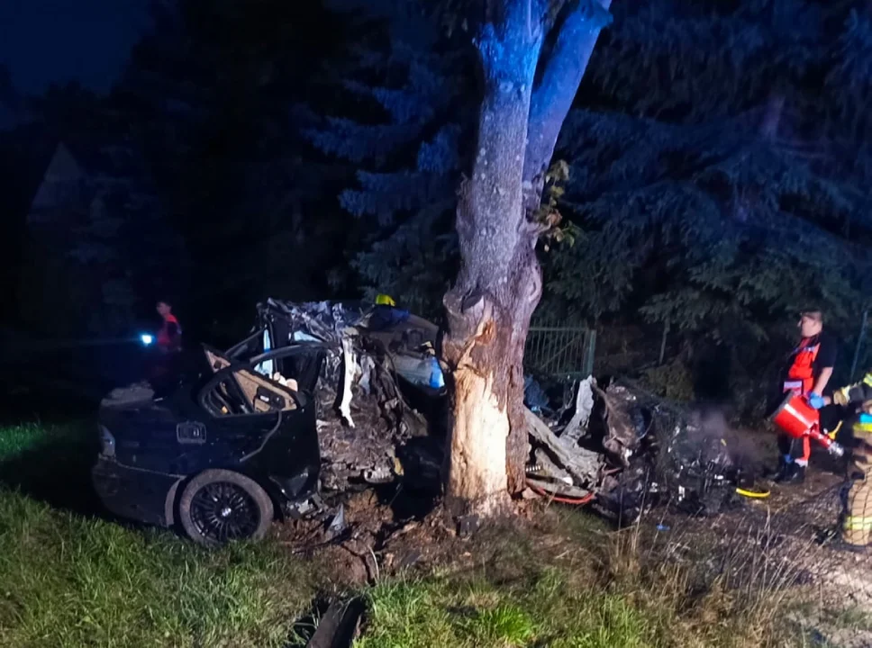 Kierowca BMW zginął na miejscu. Uderzył w słup i zatrzymał się na drzewie - Zdjęcie główne