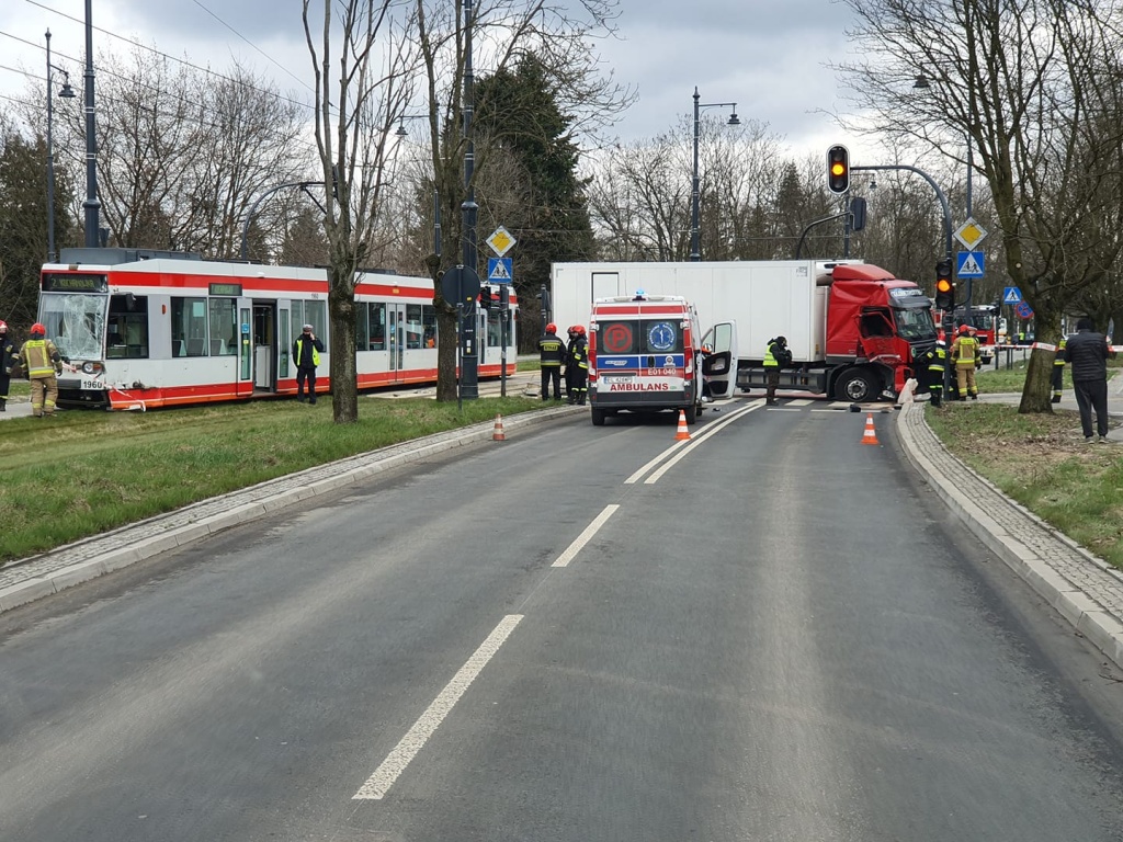Łódź. Zderzenie tramwaju z TIR-em! Ulica Dąbrowskiego zablokowana [wideo] - Zdjęcie główne