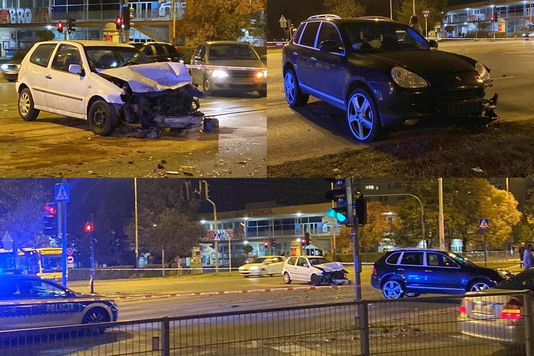Wypadek na Dąbrowie w Łodzi. Przód jednego z aut skasowany [zdjęcia] - Zdjęcie główne