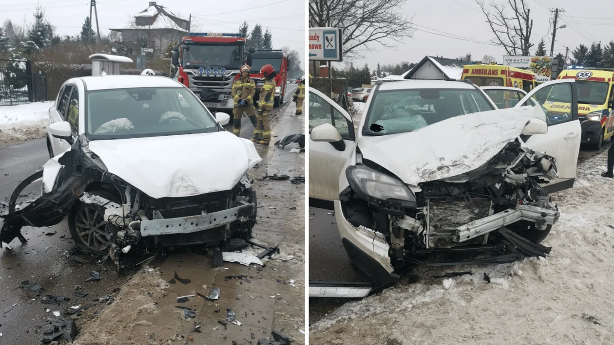 Niebezpieczny wypadek w Rąbieniu. Czołowo zderzyły się dwa auta, są ranni. Autobusy MPK Łódź musiały zmienić swoje trasy [ZDJĘCIA] - Zdjęcie główne